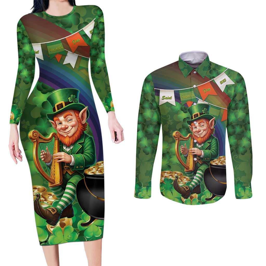 Happy Saint Patrick's Day Couples Matching Long Sleeve Bodycon Dress and Long Sleeve Button Shirt Leprechaun With Irish Harp - Shamrock Pattern