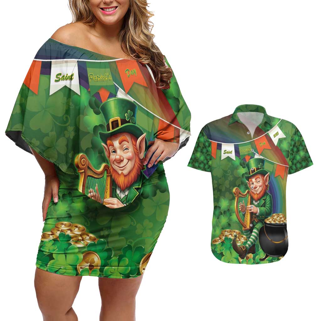 Happy Saint Patrick's Day Couples Matching Off Shoulder Short Dress and Hawaiian Shirt Leprechaun With Irish Harp - Shamrock Pattern