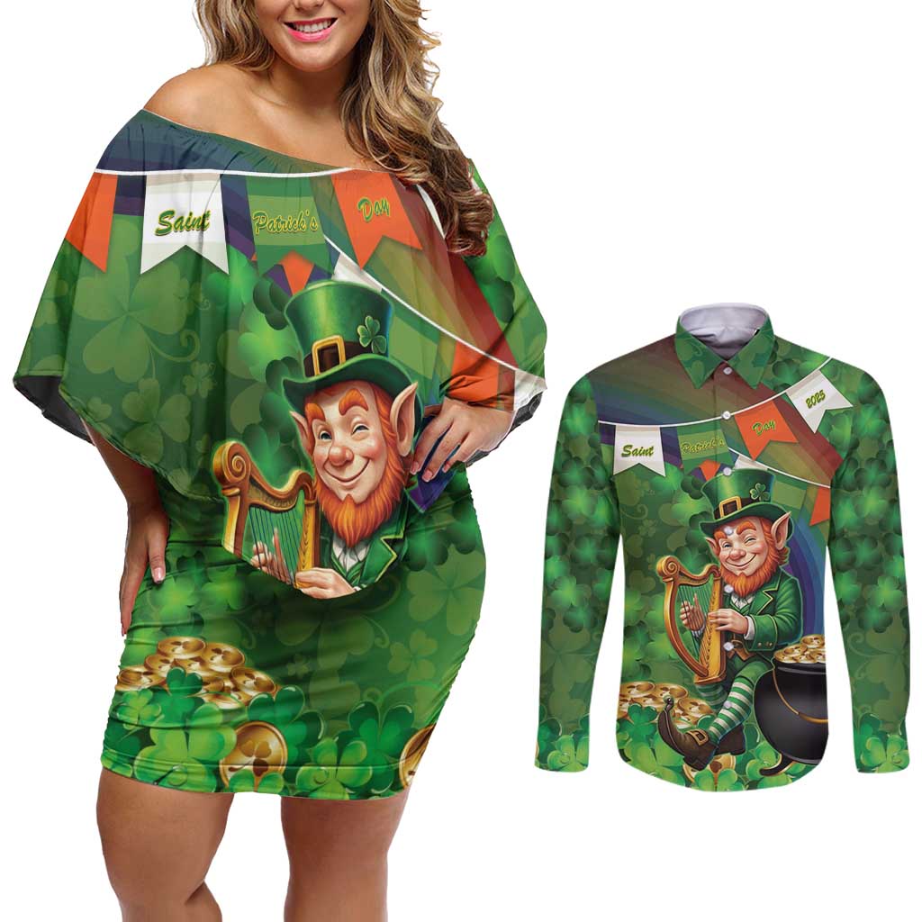 Happy Saint Patrick's Day Couples Matching Off Shoulder Short Dress and Long Sleeve Button Shirt Leprechaun With Irish Harp - Shamrock Pattern