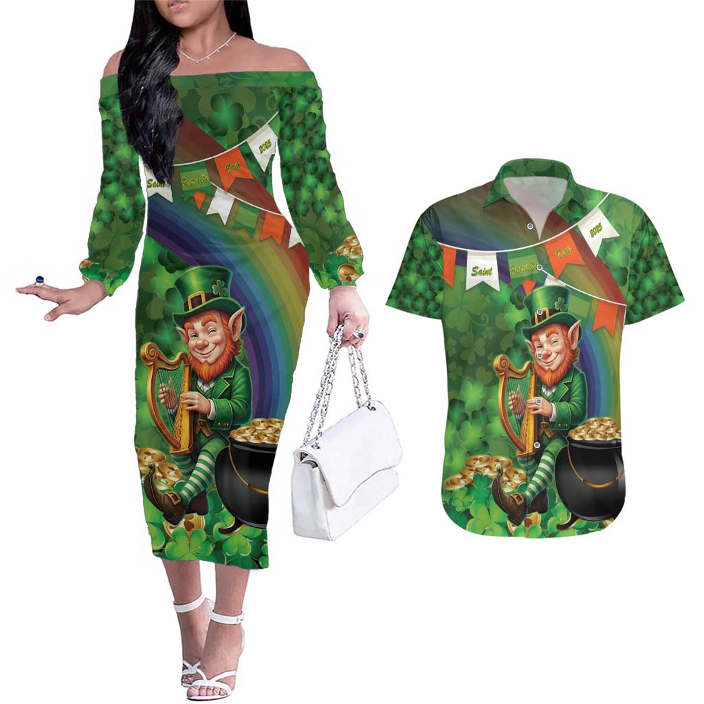 Happy Saint Patrick's Day Couples Matching Off The Shoulder Long Sleeve Dress and Hawaiian Shirt Leprechaun With Irish Harp - Shamrock Pattern