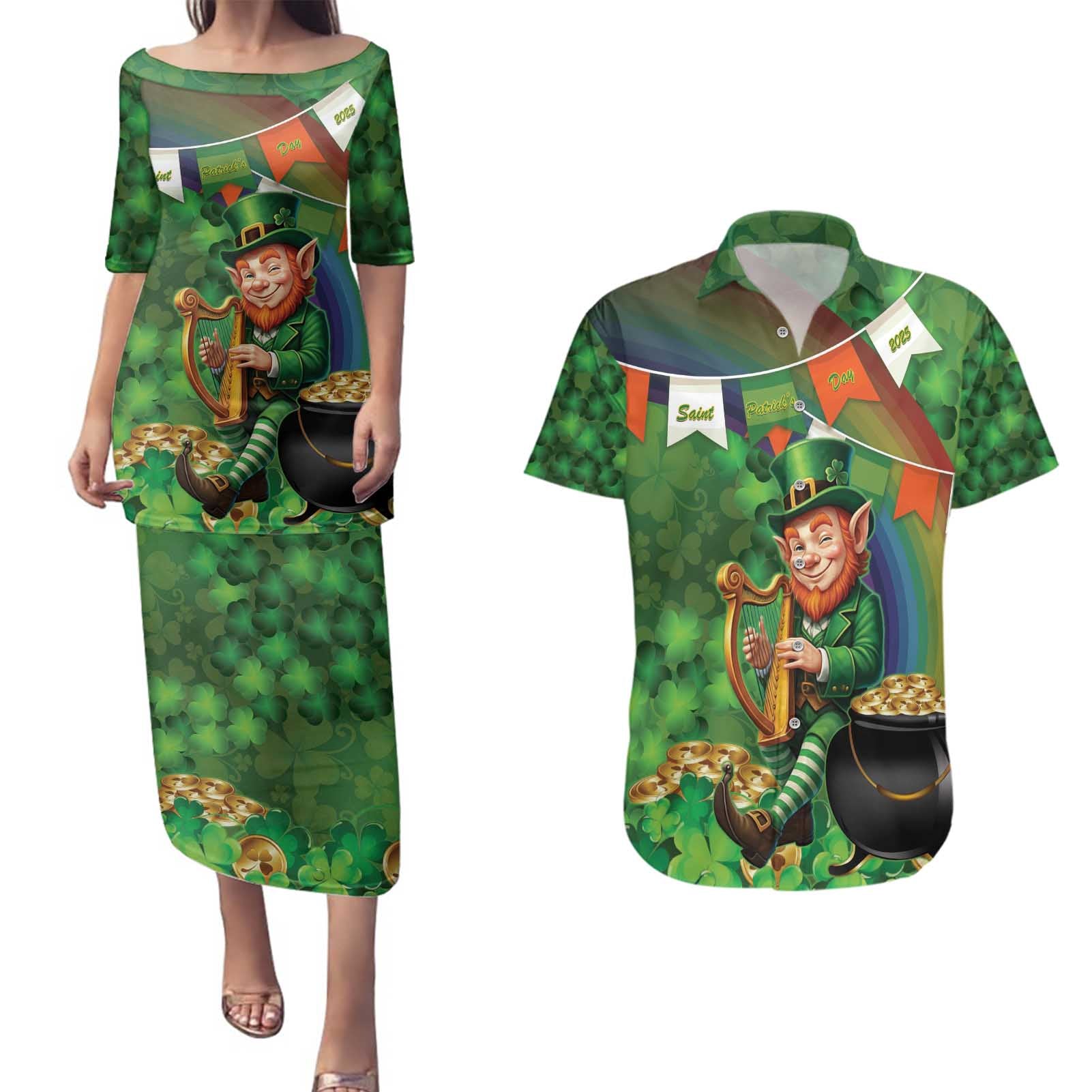 Happy Saint Patrick's Day Couples Matching Puletasi and Hawaiian Shirt Leprechaun With Irish Harp - Shamrock Pattern