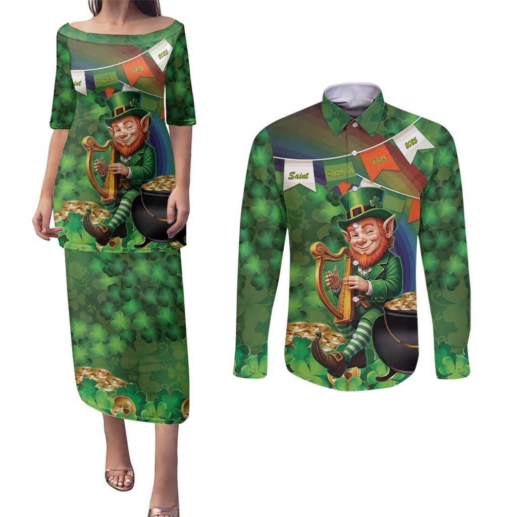 Happy Saint Patrick's Day Couples Matching Puletasi and Long Sleeve Button Shirt Leprechaun With Irish Harp - Shamrock Pattern