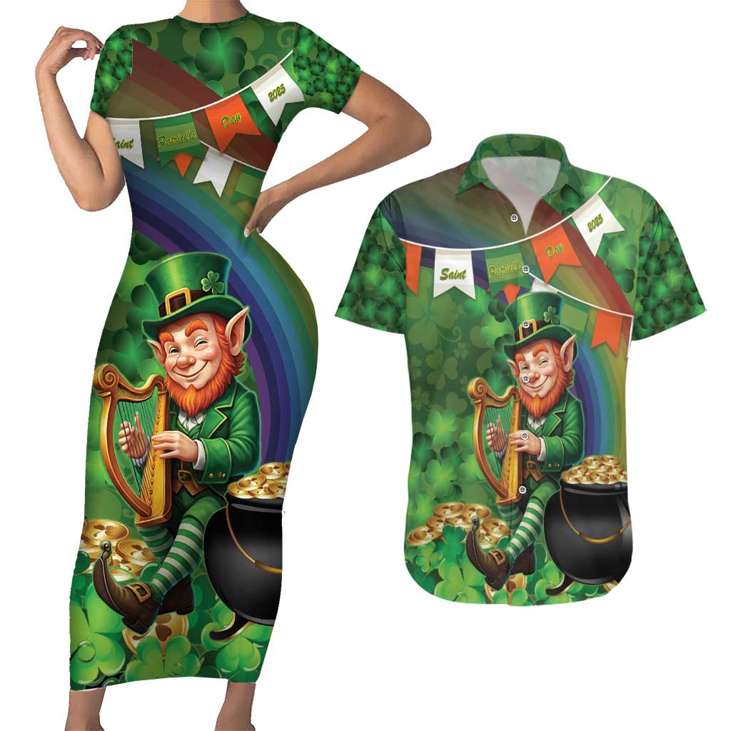 Happy Saint Patrick's Day Couples Matching Short Sleeve Bodycon Dress and Hawaiian Shirt Leprechaun With Irish Harp - Shamrock Pattern