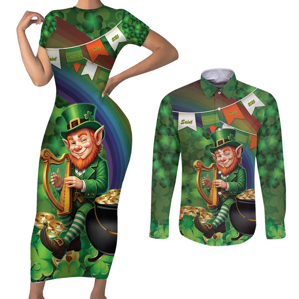 Happy Saint Patrick's Day Couples Matching Short Sleeve Bodycon Dress and Long Sleeve Button Shirt Leprechaun With Irish Harp - Shamrock Pattern