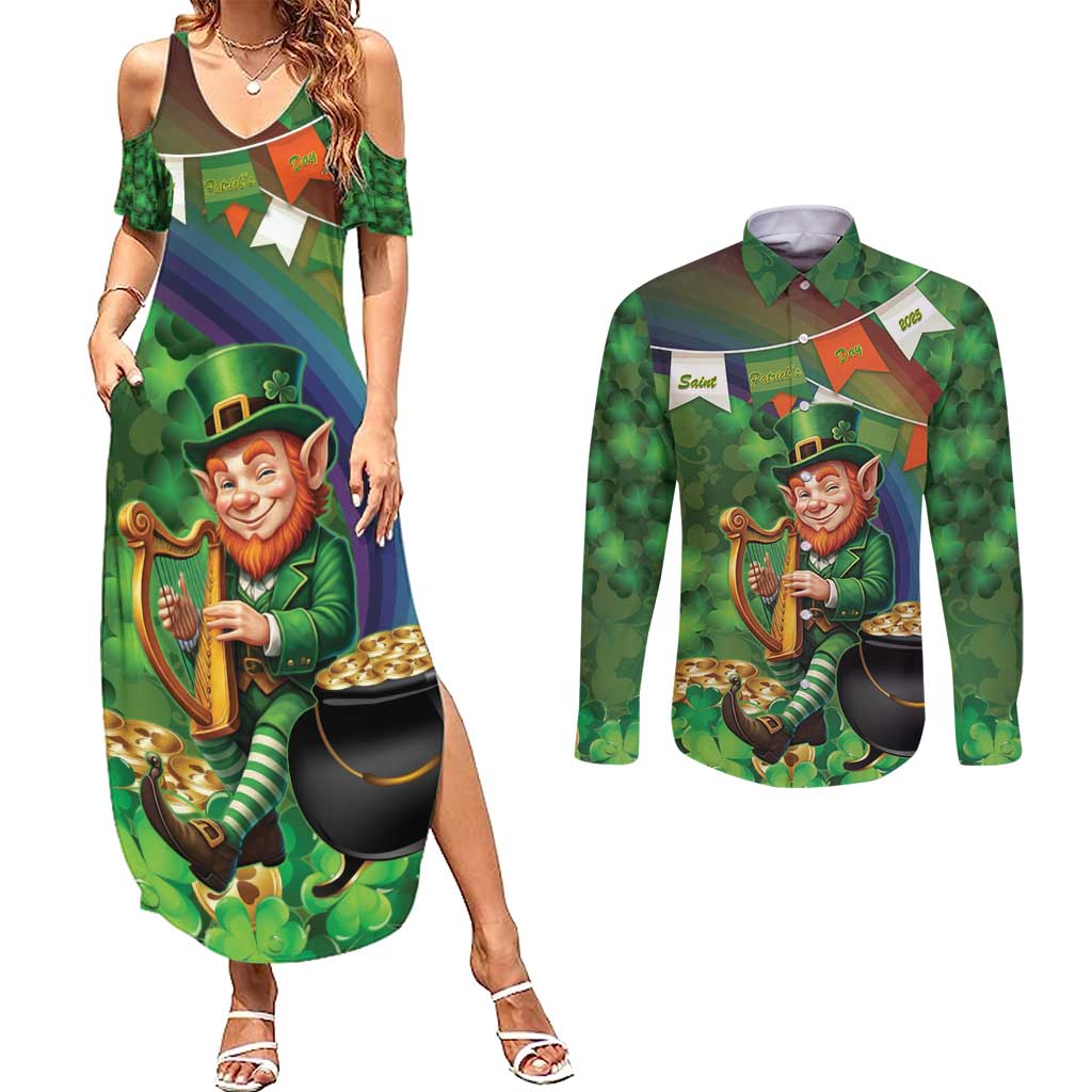 Happy Saint Patrick's Day Couples Matching Summer Maxi Dress and Long Sleeve Button Shirt Leprechaun With Irish Harp - Shamrock Pattern