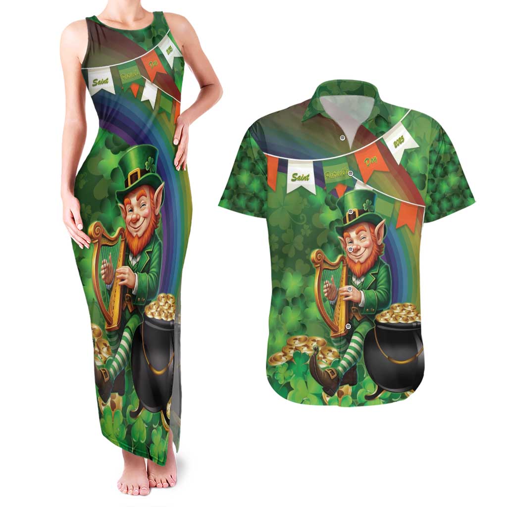 Happy Saint Patrick's Day Couples Matching Tank Maxi Dress and Hawaiian Shirt Leprechaun With Irish Harp - Shamrock Pattern