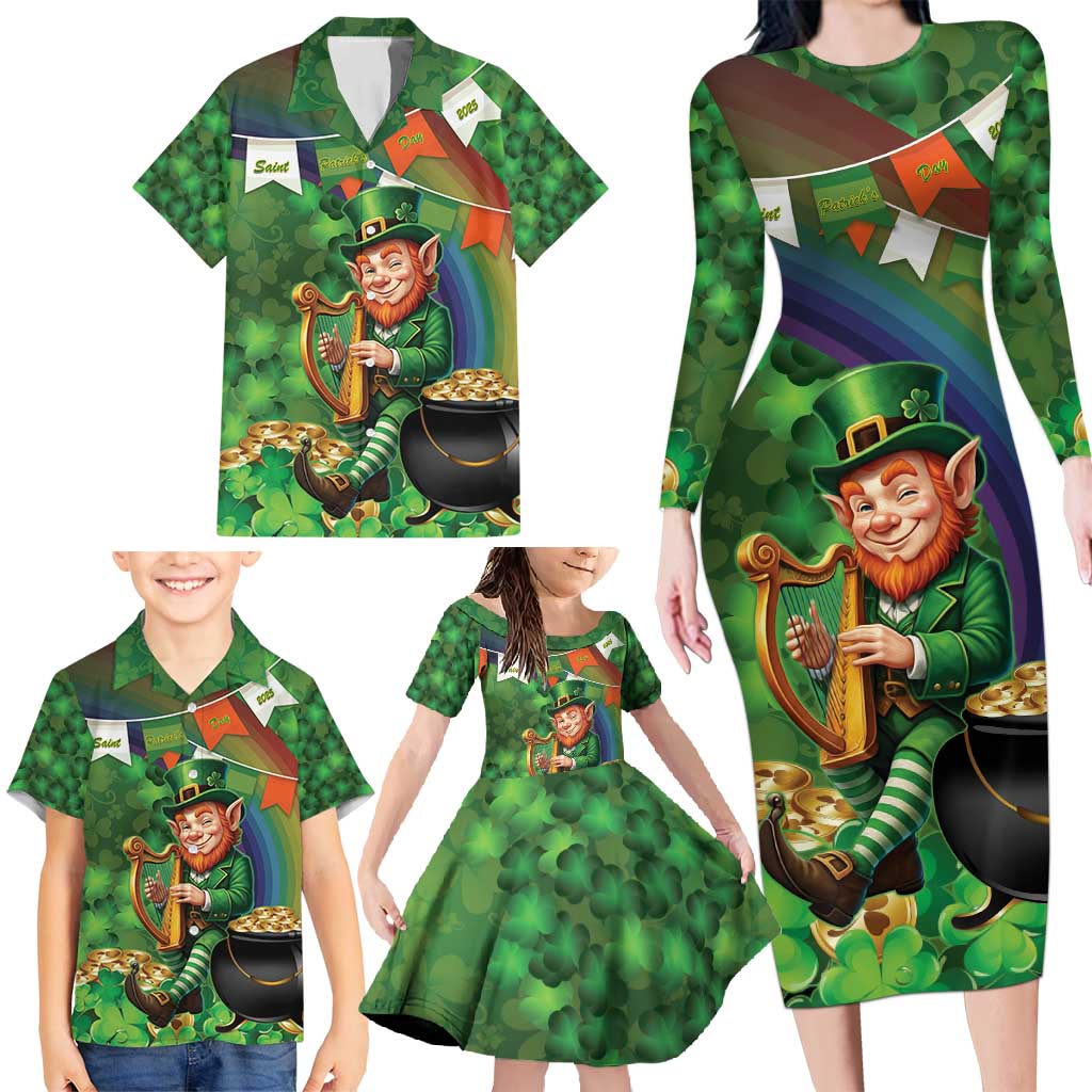 Happy Saint Patrick's Day Family Matching Long Sleeve Bodycon Dress and Hawaiian Shirt Leprechaun With Irish Harp - Shamrock Pattern - Wonder Print Shop