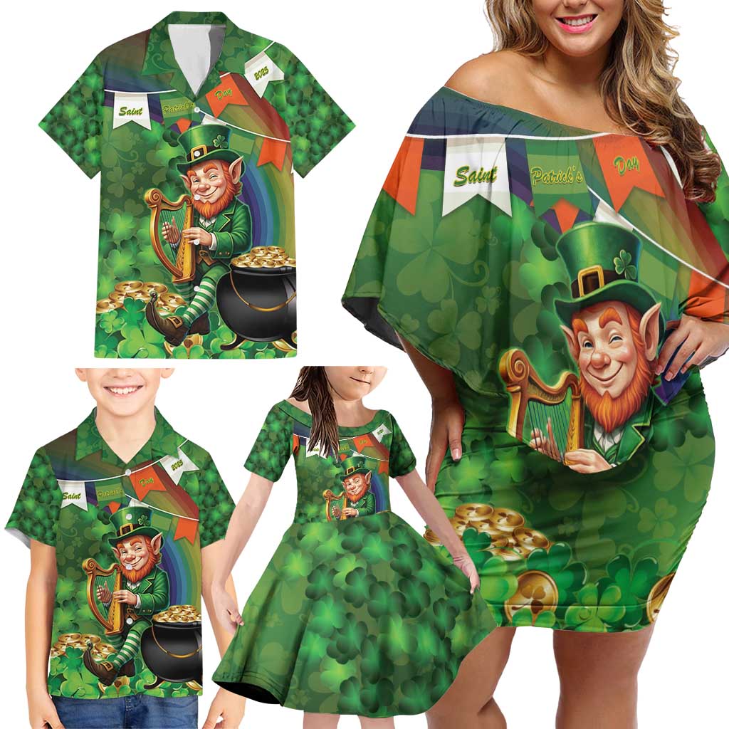 Happy Saint Patrick's Day Family Matching Off Shoulder Short Dress and Hawaiian Shirt Leprechaun With Irish Harp - Shamrock Pattern - Wonder Print Shop