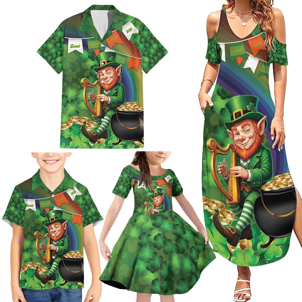 Happy Saint Patrick's Day Family Matching Summer Maxi Dress and Hawaiian Shirt Leprechaun With Irish Harp - Shamrock Pattern - Wonder Print Shop