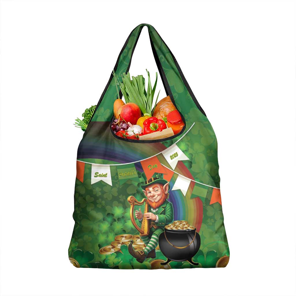 Happy Saint Patrick's Day Grocery Bag Leprechaun With Irish Harp - Shamrock Pattern