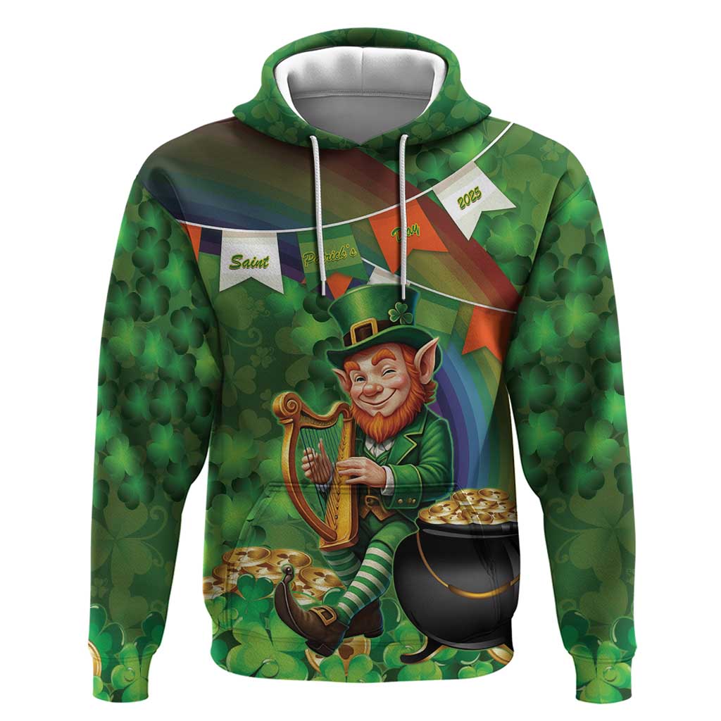 Happy Saint Patrick's Day Hoodie Leprechaun With Irish Harp - Shamrock Pattern - Wonder Print Shop