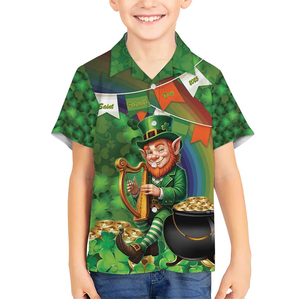 Happy Saint Patrick's Day Kid Hawaiian Shirt Leprechaun With Irish Harp - Shamrock Pattern - Wonder Print Shop