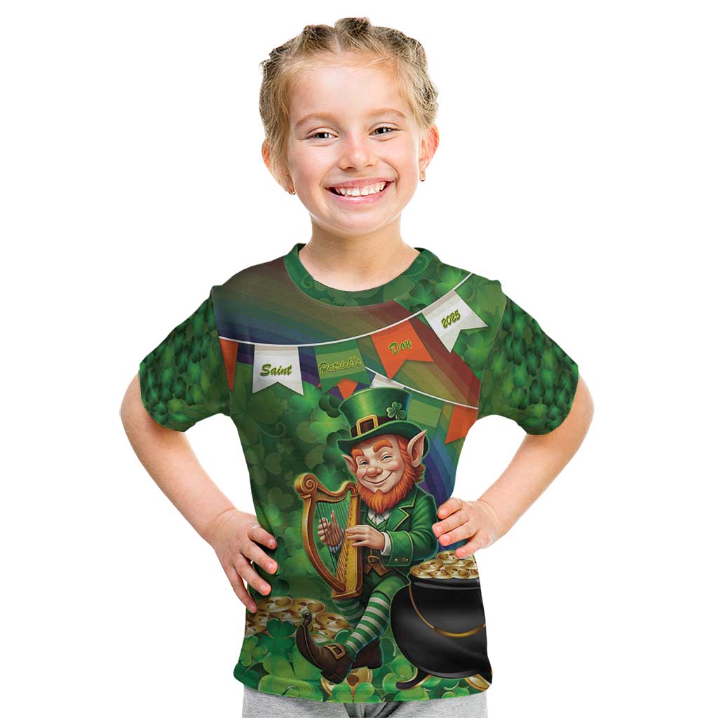 Happy Saint Patrick's Day Kid T Shirt Leprechaun With Irish Harp - Shamrock Pattern - Wonder Print Shop