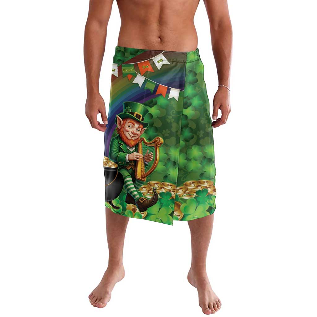 Green lava lava sarong with leprechaun and Irish harp on shamrock pattern