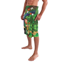 Green lava lava sarong with leprechaun holding harp, shamrock print