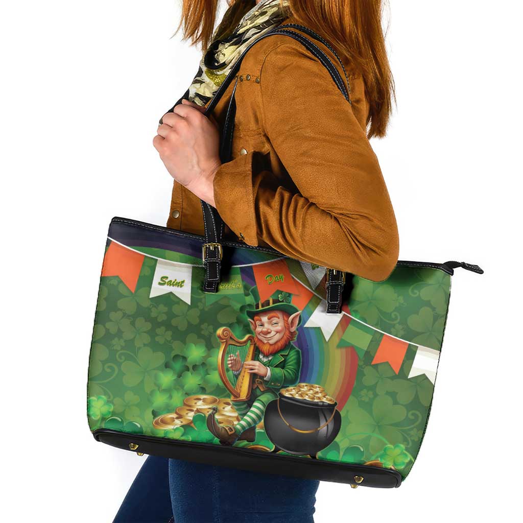 Happy Saint Patrick's Day Leather Tote Bag Leprechaun With Irish Harp - Shamrock Pattern