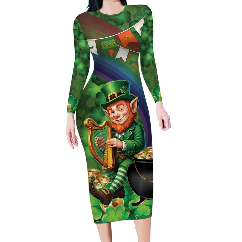 Happy Saint Patrick's Day Long Sleeve Bodycon Dress Leprechaun With Irish Harp - Shamrock Pattern - Wonder Print Shop