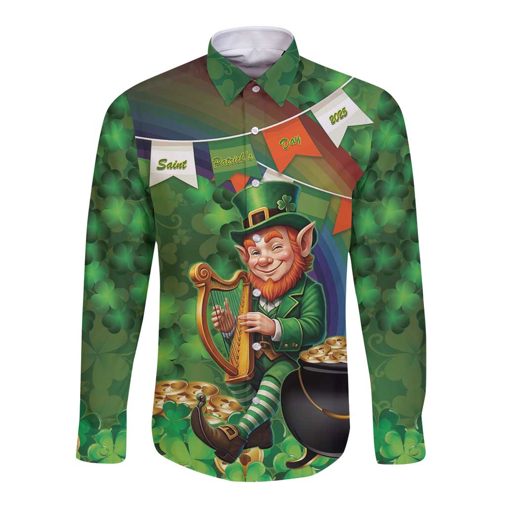 Happy Saint Patrick's Day Long Sleeve Button Shirt Leprechaun With Irish Harp - Shamrock Pattern