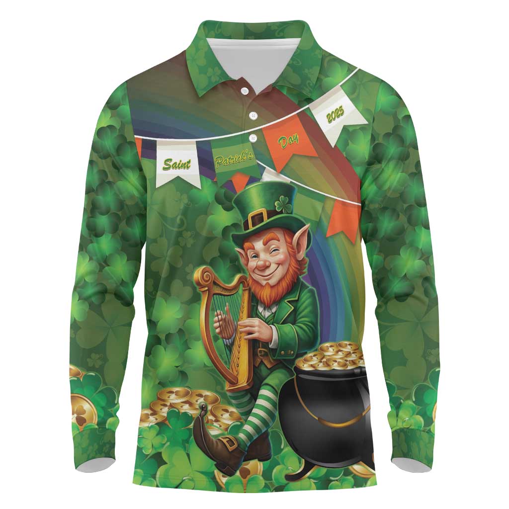 Happy Saint Patrick's Day Long Sleeve Polo Shirt Leprechaun With Irish Harp - Shamrock Pattern - Wonder Print Shop