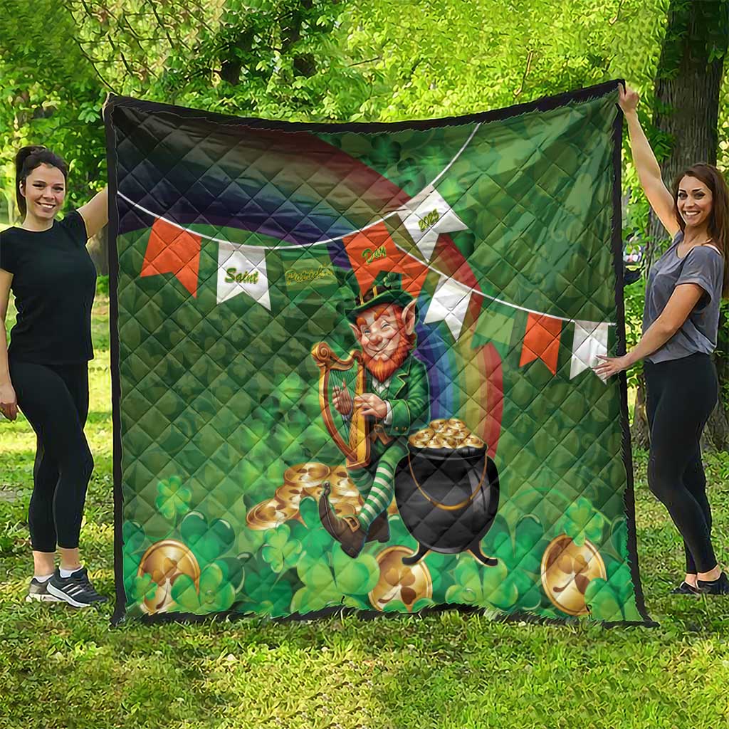 Green shamrock quilt with leprechaun and harp motif, black cauldron full of gold coins