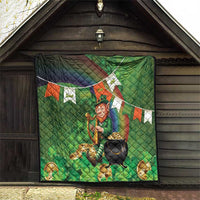 Green quilted blanket hanging in barn, leprechaun with harp, gold coins and shamrock accents