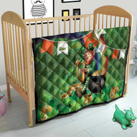 Green quilt on toddler bed, leprechaun with harp, pot of gold and shamrock pattern