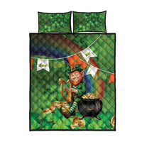 Green quilt bed set featuring leprechaun holding a harp over shamrock pattern; two pillowcases