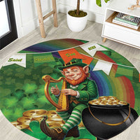 Round green St. Patrick's rug with leprechaun playing Irish harp, shamrock pattern, gold pot