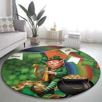 Round green St. Patrick's rug with smiling leprechaun holding Irish harp and gold cauldron