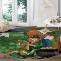 Round green St. Patrick's rug with leprechaun and Irish harp, shamrocks and gold cauldron