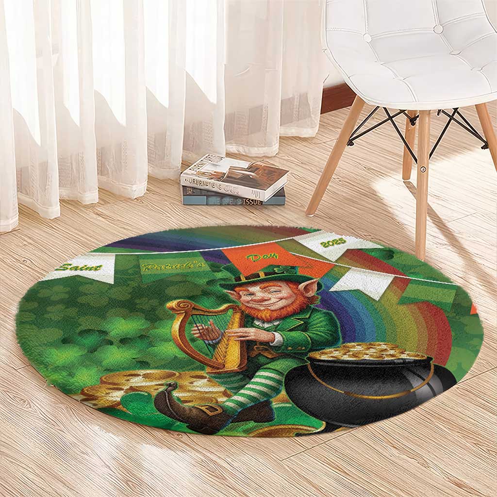 Round green St. Patrick's rug with leprechaun playing Irish harp beside gold pot, shamrock