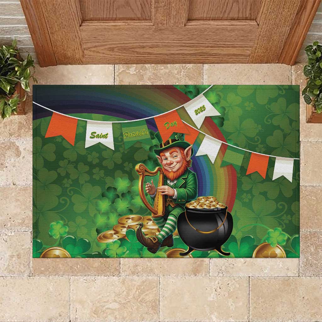 Happy Saint Patrick's Day Rubber Doormat Leprechaun With Irish Harp - Shamrock Pattern - Wonder Print Shop