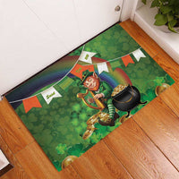 Green St. Patrick-style rubber doormat with leprechaun, harp, and gold pot design