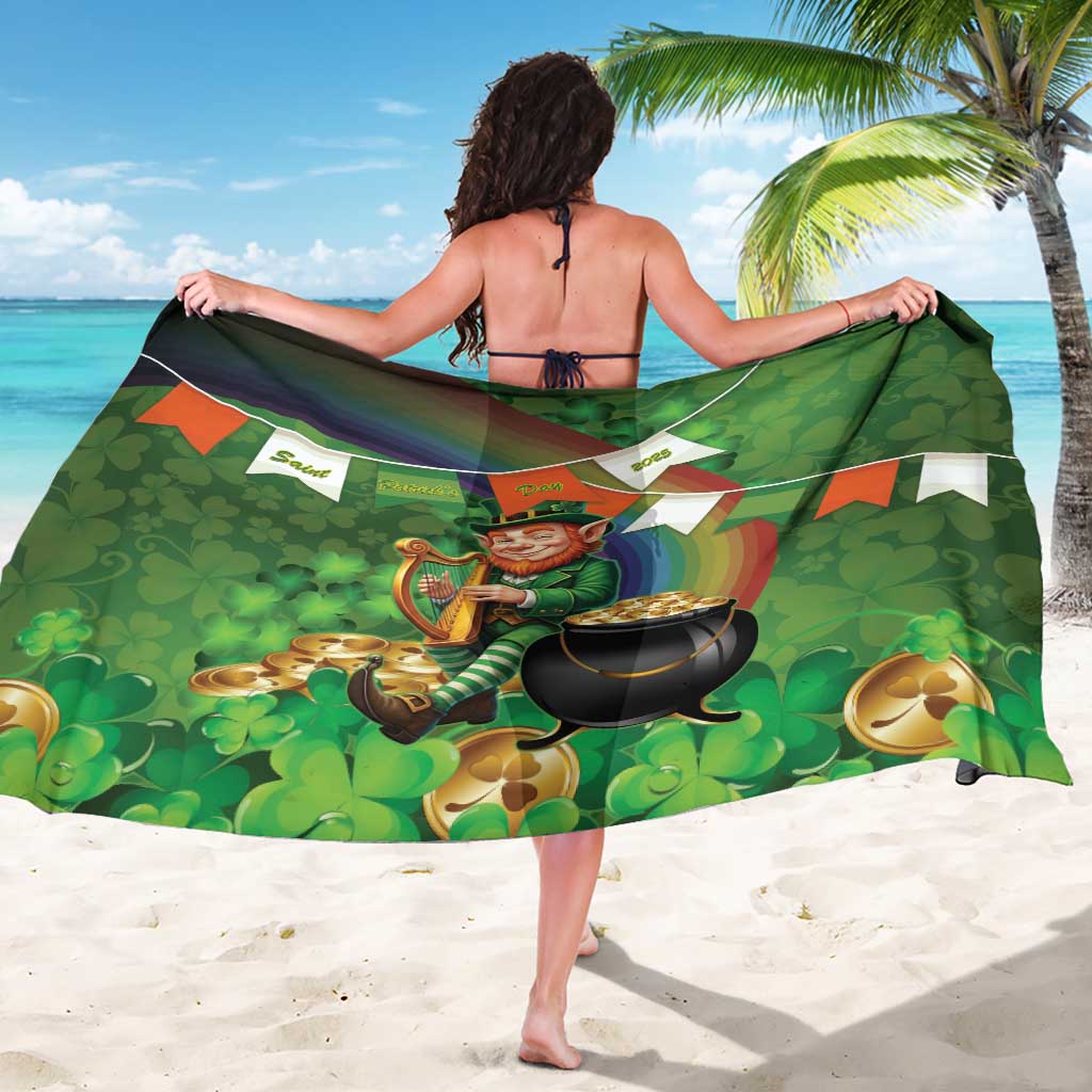 Green clover-pattern sarong with leprechaun and black cauldron design