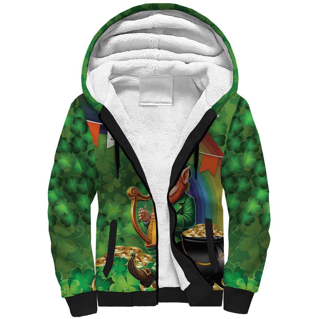 Happy Saint Patrick's Day Sherpa Hoodie Leprechaun With Irish Harp - Shamrock Pattern - Wonder Print Shop