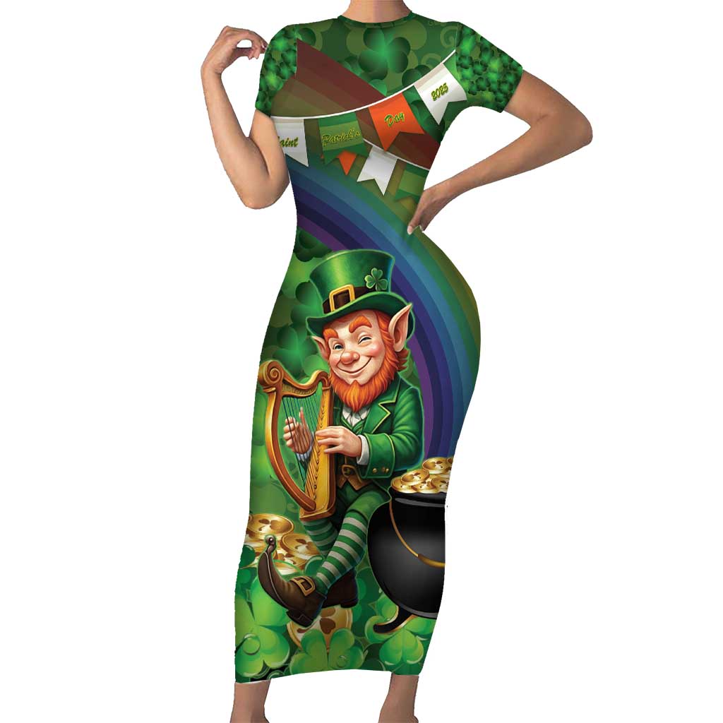 Happy Saint Patrick's Day Short Sleeve Bodycon Dress Leprechaun With Irish Harp - Shamrock Pattern - Wonder Print Shop