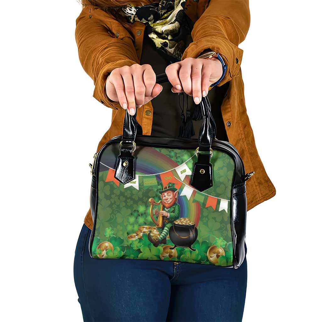 Happy Saint Patrick's Day Shoulder Handbag Leprechaun With Irish Harp - Shamrock Pattern - Wonder Print Shop