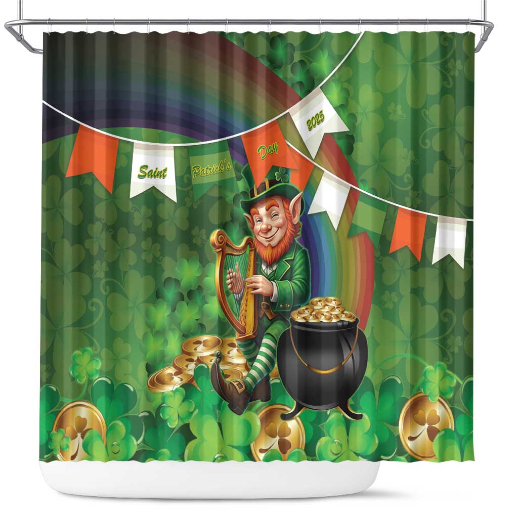 Green shower curtain with leprechaun holding Irish harp, rainbow, cauldron of gold coins