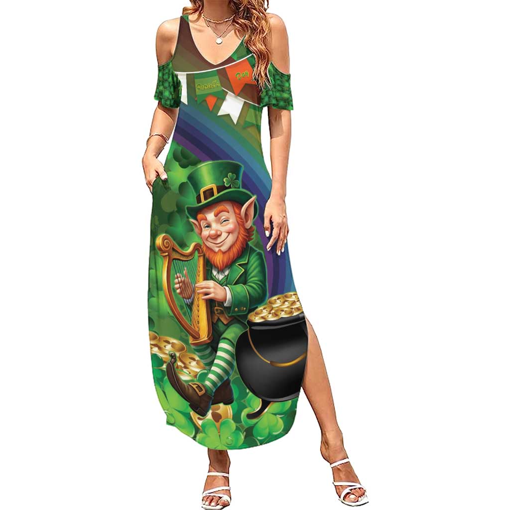 Happy Saint Patrick's Day Summer Maxi Dress Leprechaun With Irish Harp - Shamrock Pattern - Wonder Print Shop