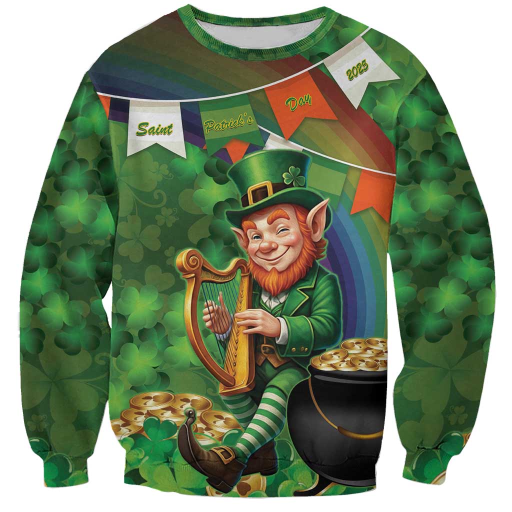 Green unisex sweatshirt with leprechaun holding Irish harp, shamrock pattern, gold coins