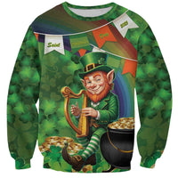 Green unisex sweatshirt with leprechaun holding Irish harp, shamrock pattern, gold coins