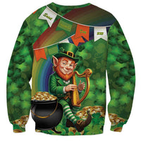 Green unisex crewneck sweatshirt with leprechaun playing Irish harp amid shamrocks and coins