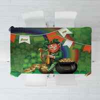 Green shamrock tablecloth with leprechaun and Irish harp illustration