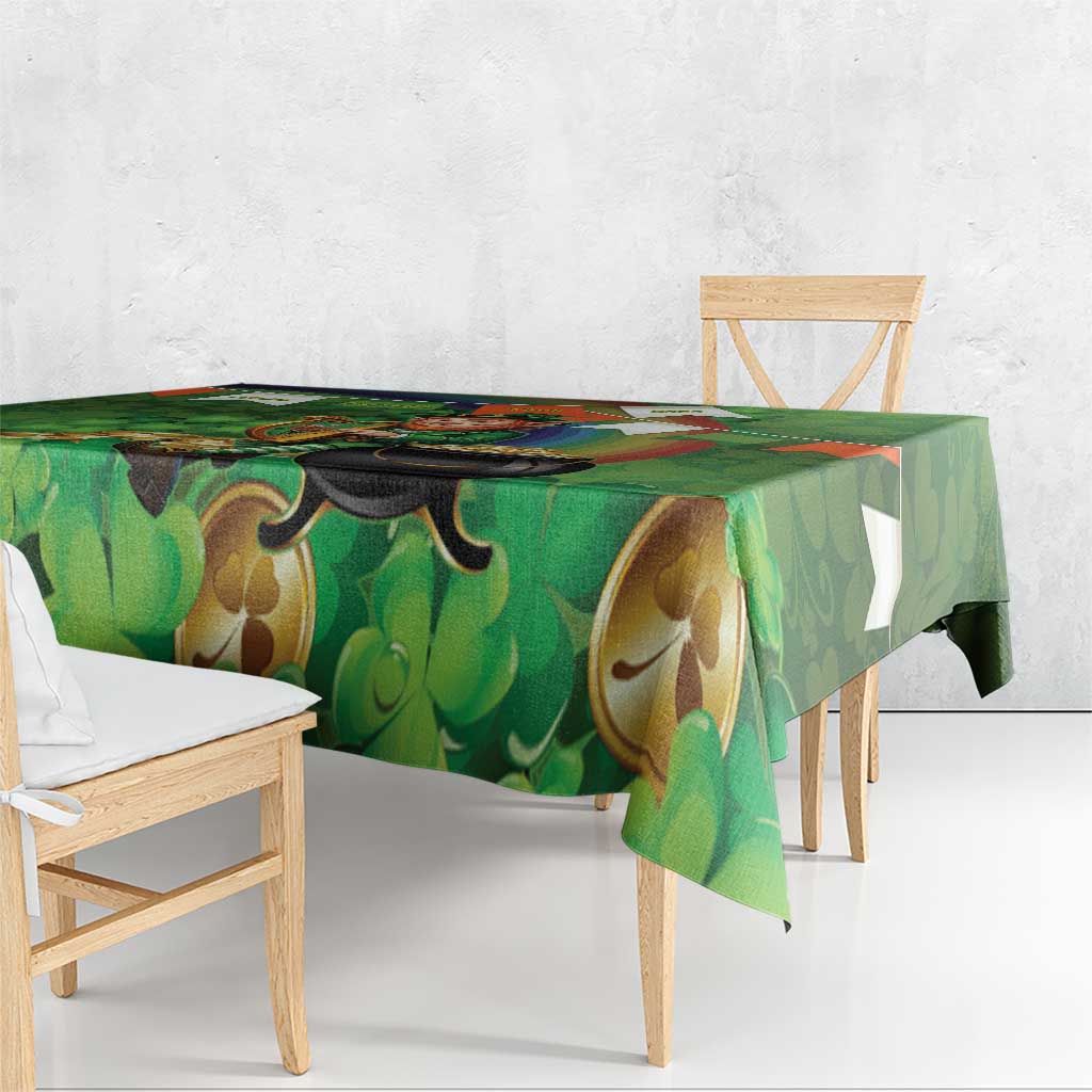 Green shamrock tablecloth corner detail with leprechaun and Irish harp motifs