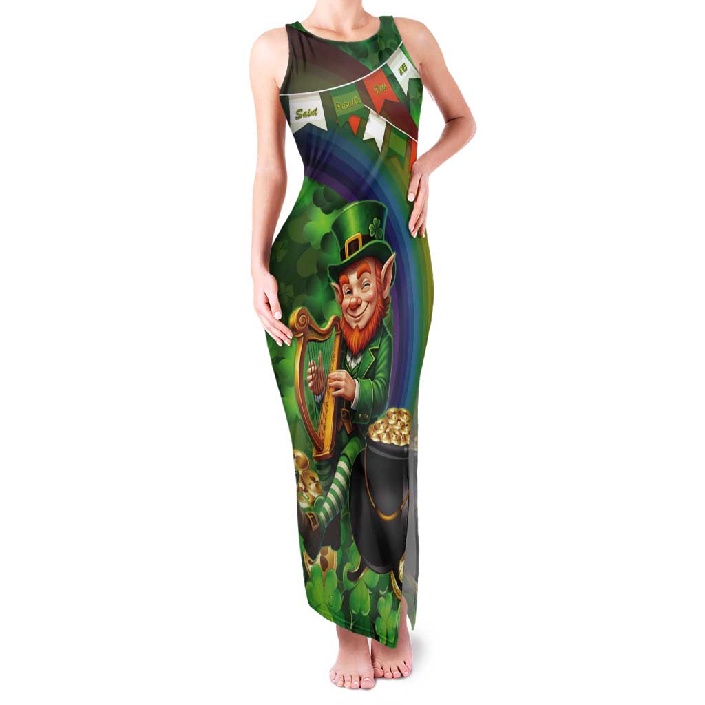 Happy Saint Patrick's Day Tank Maxi Dress Leprechaun With Irish Harp - Shamrock Pattern - Wonder Print Shop