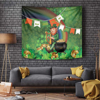 Green St. Patrick’s Day tapestry with leprechaun holding Irish harp and cauldron of coins