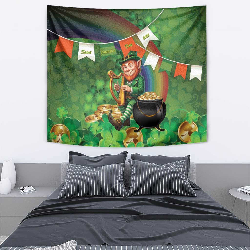 Green St. Patrick’s Day tapestry featuring leprechaun with Irish harp, rainbow, and shamrocks