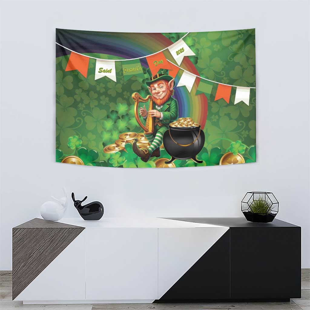 Green St. Patrick’s Day wall tapestry with smiling leprechaun holding Irish harp and coins