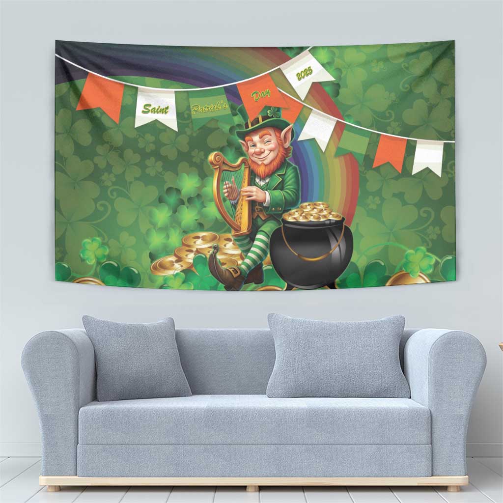 Green St. Patrick’s Day tapestry showing leprechaun holding Irish harp over rainbow and shamrocks