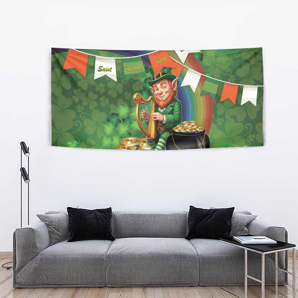 Green St. Patrick’s Day tapestry with leprechaun holding Irish harp, rainbow, and shamrock hearts